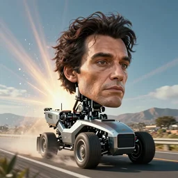 Giant half robotic head of David Copperfield, dark hair, heavy eyebrows, on the top of a robotic vehicle with wheels running on a californian highway, rays of light, particles light, kuvshinov ilya, unreal engine, by sasha kalinkin