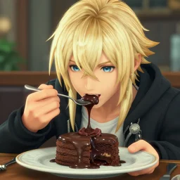 ffxiv, male teenager with long blonde hair and blue eyes eating a chocolate lava cake, in - game screenshot