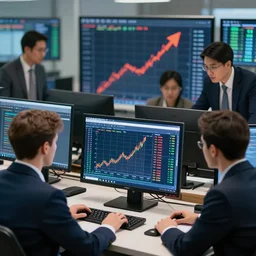 business people worshipping a computer showing court stocks going up, photorealistic photoshop montage, 4 k, trending on artstation