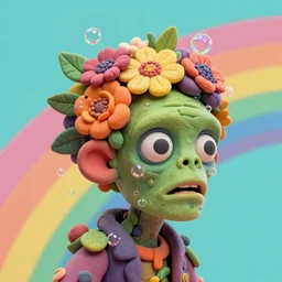 headshot of a trickster nature zombie, head made of fruit and flowers in the style of arcimboldo, covered with iridescent bubbles, made by greg rutkowski, digital illustration, dynamic lighting, action figure, clay sculpture, claymation, turquoise pink and yellow, rainbow stripe backdrop