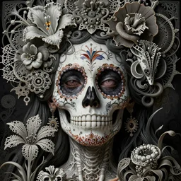 detailed realistic beautiful calaveras death goddess face portrait by jean delville, gustave dore, iris van herpen and marco mazzoni, art forms of nature by ernst haeckel, art nouveau, symbolist, visionary, gothic, neo - gothic, pre - raphaelite, fractal lace, intricate alien botanical biodiversity, porcelain, hyperdetailed ultrasharp octane render