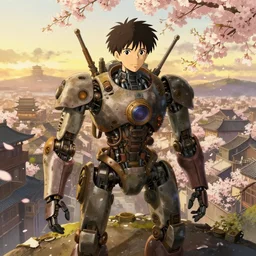 a full body portrait of a mechanic atop a steampunk robot, view of an city with sakuras, golden hour lighting delicate features finely detailed perfect art, at an ancient city, gapmoe yandere grimdark, trending on pixiv fanbox, painted by greg rutkowski makoto shinkai takashi takeuchi studio ghibli