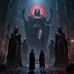 by oka yasutomo and anna dittmann, visually stunning, cinematic, ultra realistic, hyper realism, 1 2 k, epic, octane render, unreal engine, vfx, maya, the dark priestesses created this titan through the spirits of the dead warriors, in city street at night, liminal space, devotion to the scarlet woman, so scary and cool