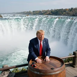 Donald Trump goes over Niagara Falls in a barrel, color photograph by Linda Eastman