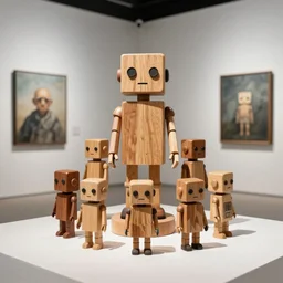 ultra realistic 8k octan photo, collection wooden art toys on stand, very cute robot zen, in a contemporary art gallery in style bansky