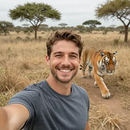 a man smiling while taking a selfie in the safari with a tiger running towards him in the background