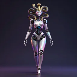 a robotic gorgon with snakes on her head, vibrant lighting, elegant, highly detailed, smooth, sharp focus, illustration, beautiful, geometric, trending on artstation, full body, cinematic, artwork by borovikovsky