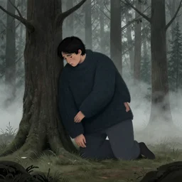 editorial illustration by karolis strautniekas and mads berg, illustrated forest with a sad giant leaning against a wall low fog, fine texture, detailed, ( ( dark green, white, brown ) ), muted colors, dramatic lighting, dynamic composition, vivid, matte print, wide angle, ( ( sunbeams ) ), moody, colorful, takashi murakami