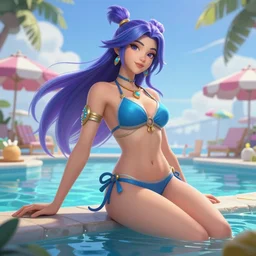 beautiful character sheet of gorgeous pool party Akali (wild rift). 3d render, octane render, realistic, highly detailed, trending on artstation