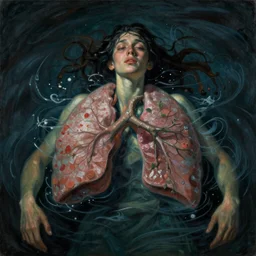 photorealism of Drowning in my own lungs by Expressionism (1905-1920, Germany and Austria, emotional experience) dreamlike, realistic detailed chaotic wide angle lens dark lighting