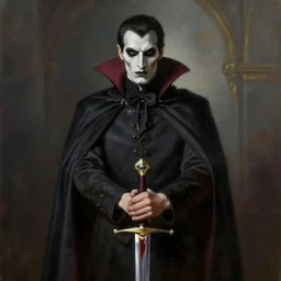 vampire in noble clothes, with a covered face, holding a blood sword, realistic painting, cinematic, dramatic lighting