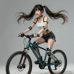 An epic fantastic realism comic book style painting of a beautiful girl on a bicycle with robot legs, robotics,   long pigtails hair, asian girl, cyberpunk, Concept world Art,  unreal 5, DAZ, ultrarealistic, hyperrealistic, octane render, cosplay, RPG portrait, dynamic lighting