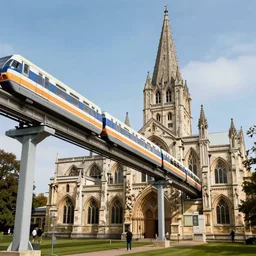 a colourful external view of salisbury cathedral with a monorail train system running through its upper part, architectural drawing, design concept, design sketch, plans - n 4