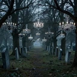 chandeliers falling in graveyard rows, haunting