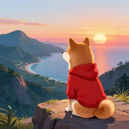 A shiba inu wearing a red hoodie sitting on a cliff and watching the lovely, beautiful mountains, sea, sunset, digital art, WLOP, Mandy Jurgens, vibrant