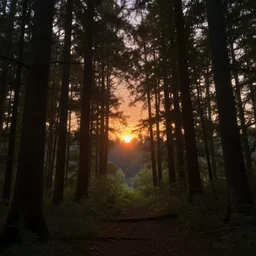 the last sunset in the forest of dreams, 8k resolution, digital art, trending on art station