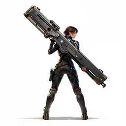a woman carrying a super large weapon behind her, she is holding a weapon behind her back, cyberpunk art by maciej kuciara, cgsociety, space art, white background,, concept art, sci - fi