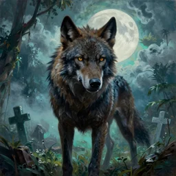 frazetta close up of werewolf realistic full body backlight panoramic portrait high textured oil painting jungle cyan graveyard foggy background with  dramatic sky clouds and giant oversized moon and storm