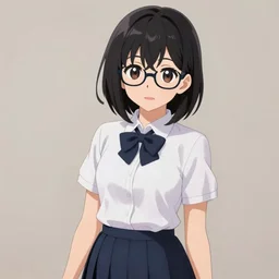 ( ( ( a full body portrait of komi - san, komi shouko ) ) ), black hair styled in a bob, large expressive eyes, wearing glasses, wearing her school uniform, a white blouse, a navy blue skirt, highly - detailed, cgsociety, detailed face, vibrant color palette