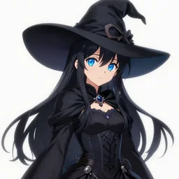 beautiful female wizard, blue eyes, black clothing, daughter of death, cute, anime cartoon drawing, highly detailed, featured on artstation