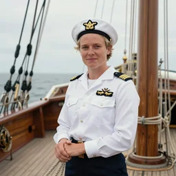 Katie Ledecky as a British Navy Admiral, on the deck of a wooden sailing ship, film still from Pirates of the Carribean