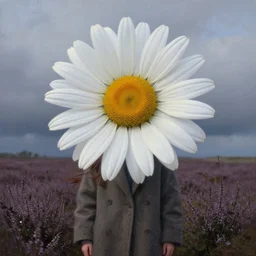 portrait, gigantic daisy flower head, a girl wearing a coat in a heather field, surreal photography, wind and cold, dramatic sky, impressionist painting, digital painting, artstation, simon stalenhag