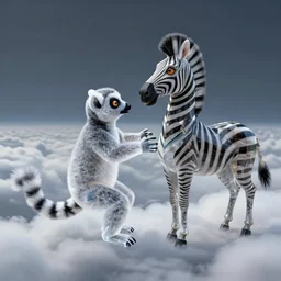 crystalline lemur falls in love with a zebra - headed woman on a sea of clouds, mc escher