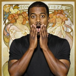 surprised Kanye West, painting by Alphonse Mucha