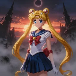 h. r. giger!!! inspired portrait of sailor moon!!!, japanese girl school uniform, sunset, waterhouse, back lit, foggy, eclipse, dark scifi, in the style of naoko takeuchi, yoshitaka amano!!! chris foss and alan lee, zdzislaw beksinski, ruan jia beautiful!