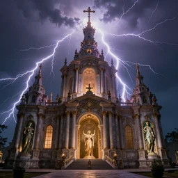 mythological temple dedicated to lightning, by Rolf Armstrong and Evelyn De Morgan and Bastien Lecouffe-Deharme, dramatic lighting, high contrast colors, baroque, empyrean, panoramic view, as trending on Artstation, highly detailed, doom engine,
