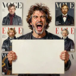 screaming bob ross holding blank poster, vogue magazine, elle magazine, greg rutkowski, john singer sargent, trending on artstation, oil painting, intricate
