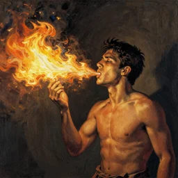 a 2 headed man breathing fire by Esao Andrews
