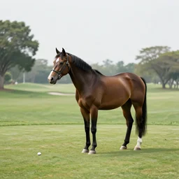 medium shot of a horse playing golf in the golf course alone, hyper realistic, 4k