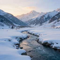 river running through mountains with snowy layers on top, sunrise, a small amount of trees, artstation, filmic, wide angle, electric colors, insanely detailed and intricate, hypermaximalist, elegant, ornate, hyper realistic, super detailed
