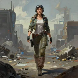 brutalist painting of a female pilot walking across a cyberpunk wasteland, symmetrical face details, League of Legends Character Splash Art, League of Legends Project Universe, Project Yi Very highly detailed, 8K, octane, Digital painting, concept art, illustration, rule of thirds, sharp focus, centered,