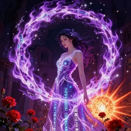 she dreams of arcs of purple flame intertwined with glowing sparks, glinting particles of ice, dramatic lighting, steampunk, bright neon, secret holographic cyphers, red flowers, solar flares, high contrast, smooth, sharp focus, art nouveau, painting by ruan jia and greg rutkowski and Alphonse Mucha