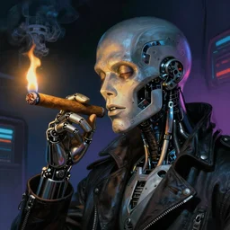 An android lighting a single cigar in a cyberpunk setting, by Frank Frazetta, wearing rings, dramatic lighting, high contrast colours, as trending on Artstation, highly detailed,