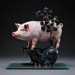 sculpture of a pig and blackberries, photorealistic, centred, ikebana vase, black background, obsidian, mounted on glass, berry juice splashes, zen, trending on artstation