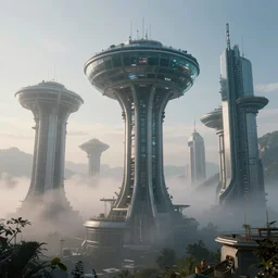 early morning, glass spaceship, tall structures, misty, unreal engine, artstation, cyberpunk