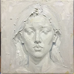 a large three - dimensional thick impasto oil painting in the shape of a woman's head, lots of thick encrusted paint, no skin or hair, or frame visible, lit from top right