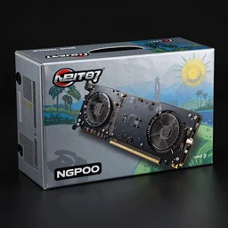 Photorealistic image of a GPU box from 2007 with nonsensical art on the box