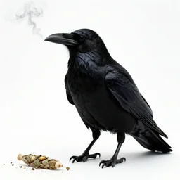 a scary black tall raven with no eyes smoking weed, plain white background