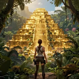 Katniss Everdeen as Lara Croft, discovering El Dorado, a city built from gold in a jungle
