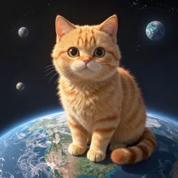 A fuzzy orange cat sitting on planet earth in space, full of details, by Makoto Shinkai and thomas kinkade, Matte painting, trending on artstation and unreal engine