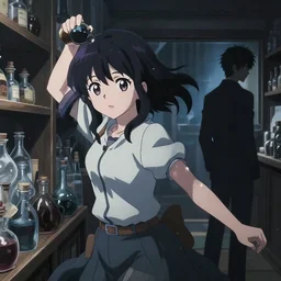 anime visual, portrait of a young female traveler in a alchemist's potion shop interior, cute face by katsura masakazu and yoh yoshinari,, cinematic luts, cold studio lighting, dynamic pose, dynamic perspective, strong silhouette, anime cels, ilya kuvshinov, cel shaded, crisp and sharp, rounded eyes, moody