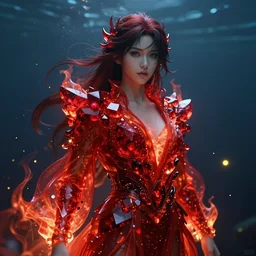 portrait, god of fire in garnet robe, quartz, translucent red, underwater, fireflies, glow, very detailed, realistic, cimematic lighting, accent lighting, octane render, greg rutkowski, wlop, terese nielsen, ayami kojima, 1 6 k, character illustration
