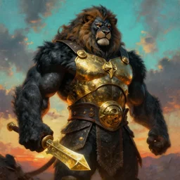 muscular oversized black lion animal as barbarian hunter  with gold chest armor and shiny gold weapon and anthropomorphic human oversized mutant proportions and very hairy body , backlight  body , extreme very textured detailed panoramic portrait oil painting by rembrandt, sunset, dramatic clouds and cyan atmosphere