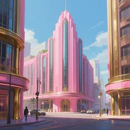 Main street in an art deco city, anime, streamline moderne, dieselpink, brass, a sci-fi digital painting by Greg Rutkowski and James Gurney, trending on Artstation, highly detailed