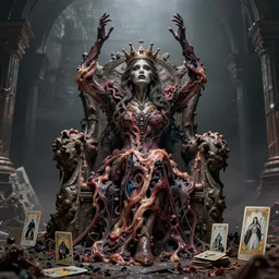 [ woman in a crown and dismal [ supervillain outfit made of flesh ]! ]! [ raising her hands upward ]! on a detailed ruined throne trending on artstation 4 k quality cgsociety contest winner artstation hd artstation concept art behance tarot card gloomy grim dismal intricate minutia details wide - screen by artgerm rutkowski wikelmann