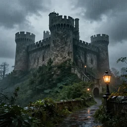 matte painting, castle, dramatic landscape, overgrown, cinematic, overcast, lantern light, rain
